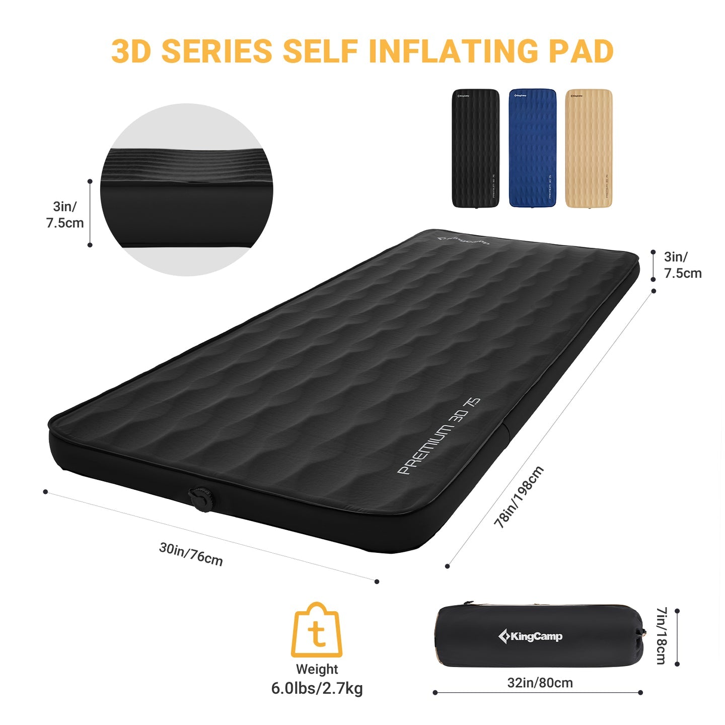 KingCamp Premium 3D 7.5 Single Self-Inflatable Sleeping Pad
