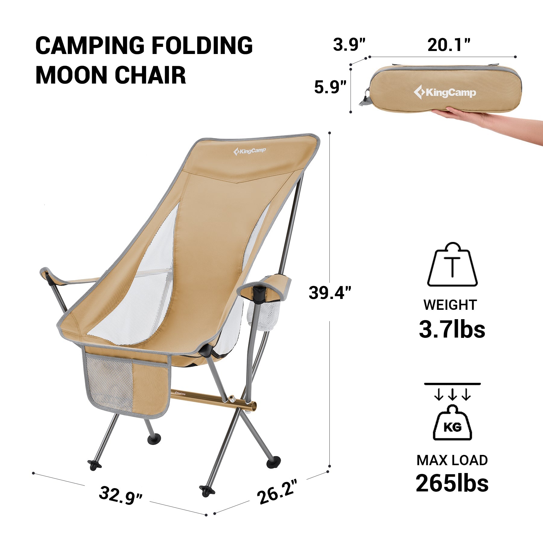 KingCamp Lightweight Highback Camping Chairs Khaki / 1-Pack